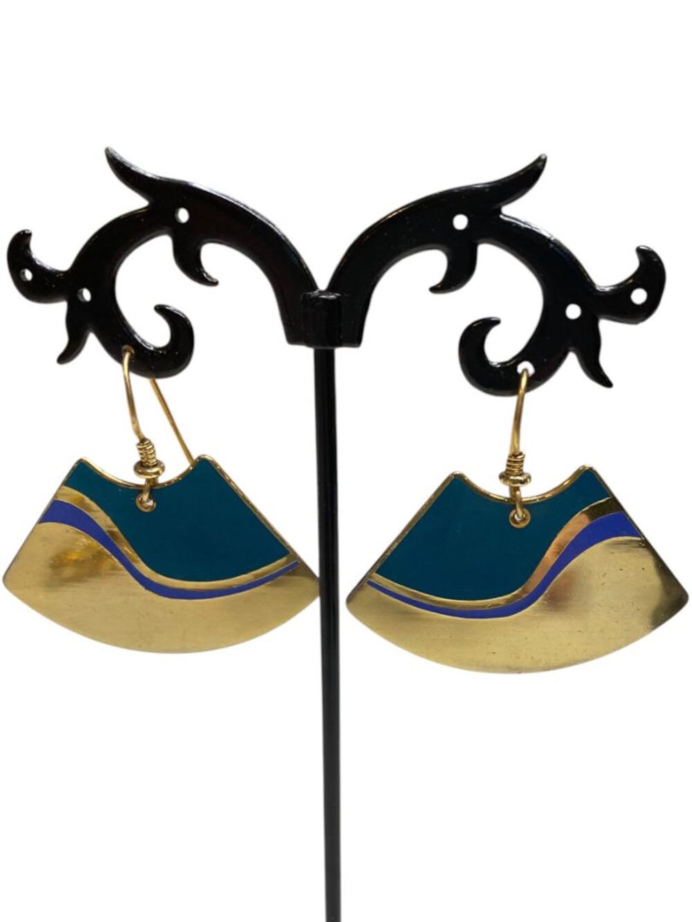 Vintage Signed Laurel Burch Fan Shaped Cloisonne 1.5" Dangle Earrings Goldtone